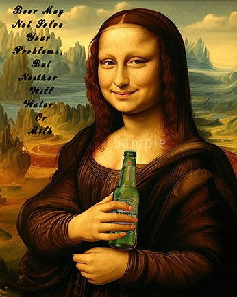Mona Lisa holding a bottle of beer