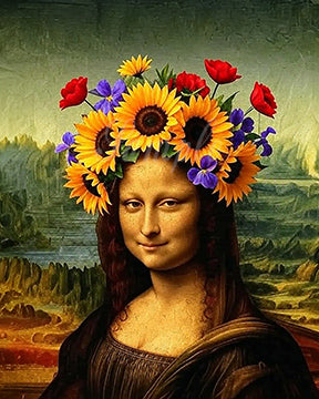 Mona Lisa with a floral headpiece in a stylized landscape