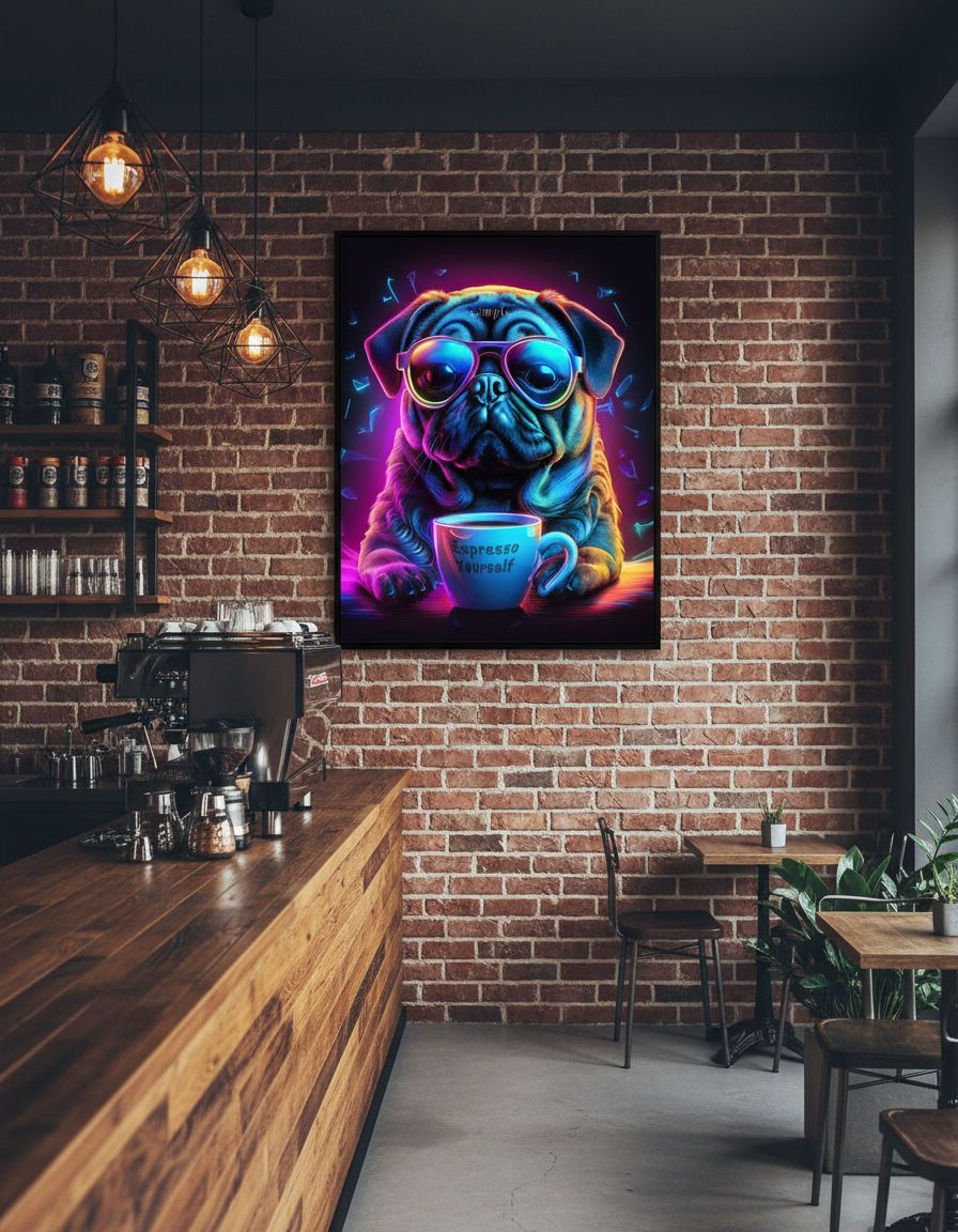 Neon pug espresso yourself art print displayed in modern coffee bar café - funny coffee wall décor lifestyle photography"