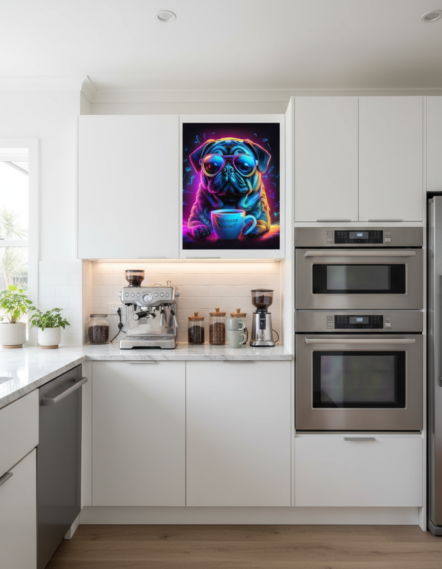Vibrant neon pug coffee art hanging above home kitchen coffee station - 80s retro wall decor for coffee lovers"