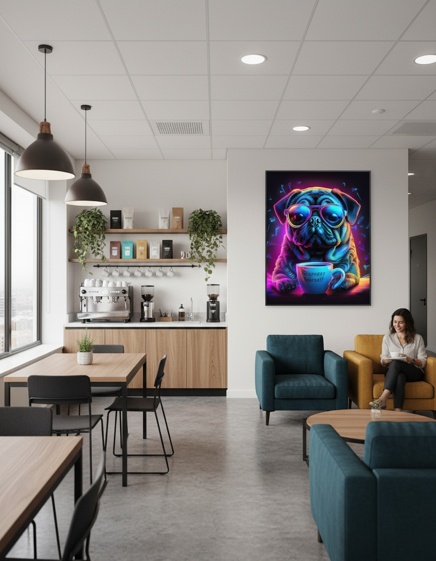 Vibrant neon pug coffee art hanging above home kitchen coffee station - 80s retro wall decor for coffee lovers"