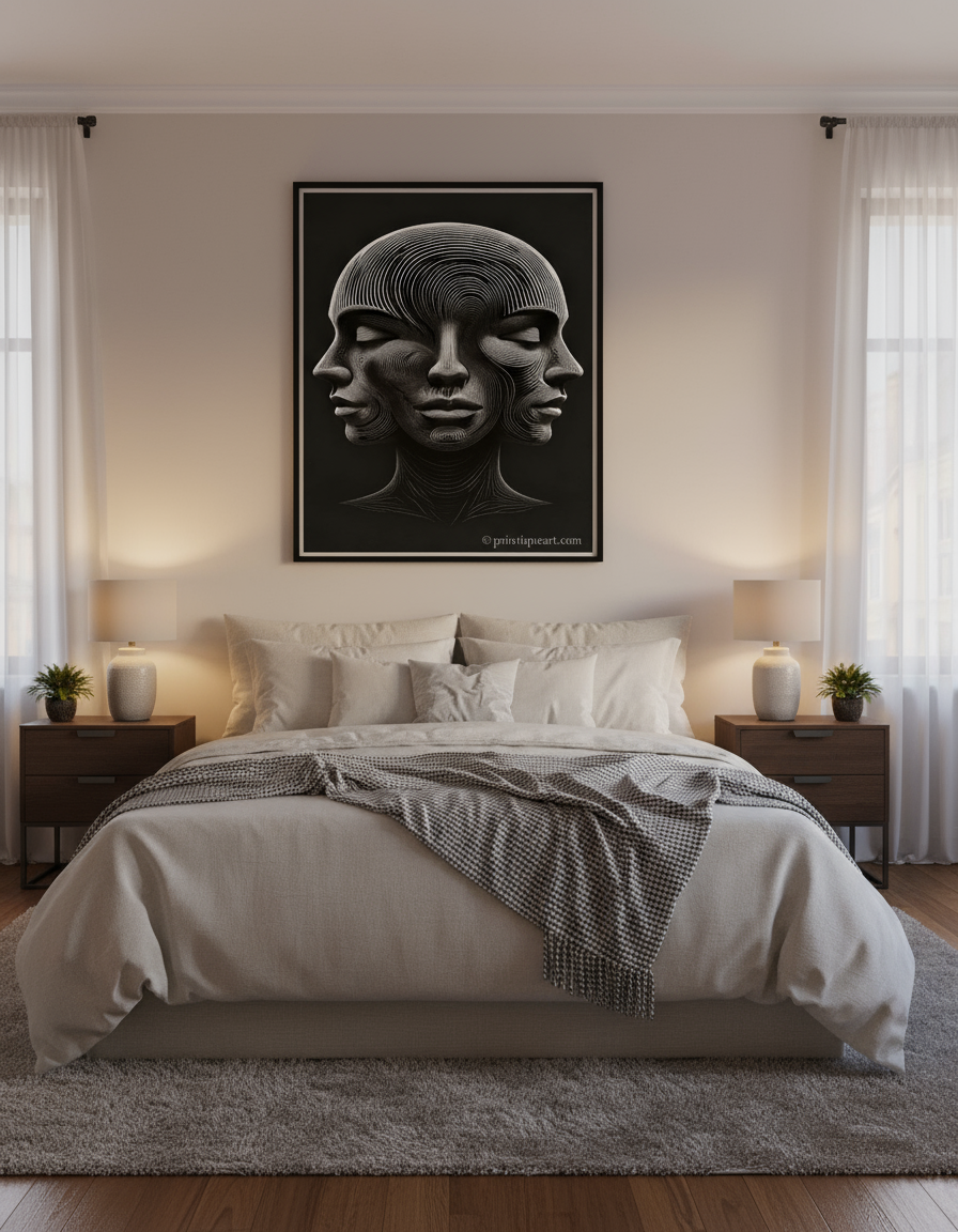 Optical illusion 3 faces artwork above bed in cozy bedroom