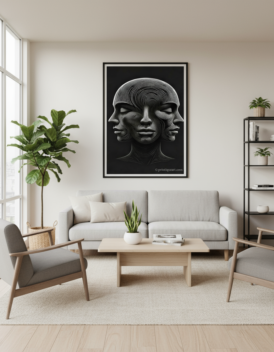 Optical illusion 3 faces artwork in contemporary living room