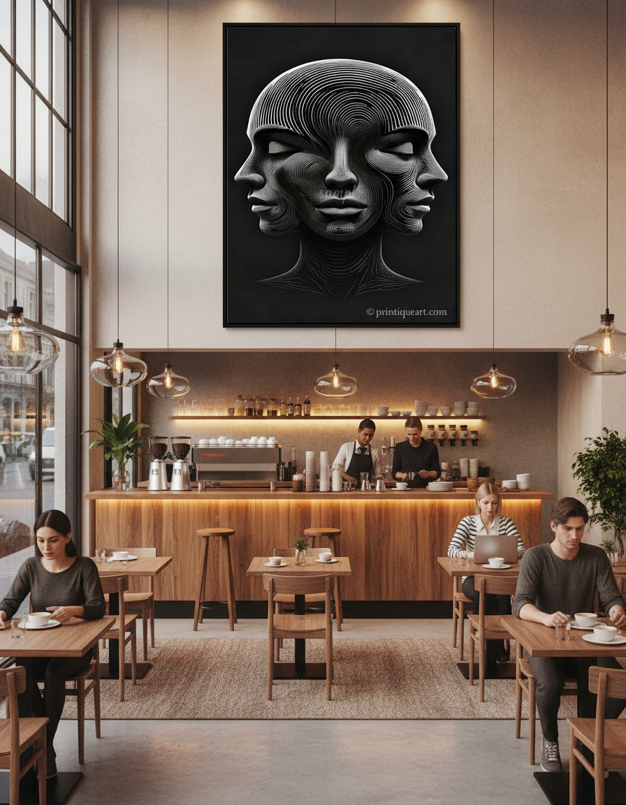 Optical illusion 3 faces artwork in modern cafe