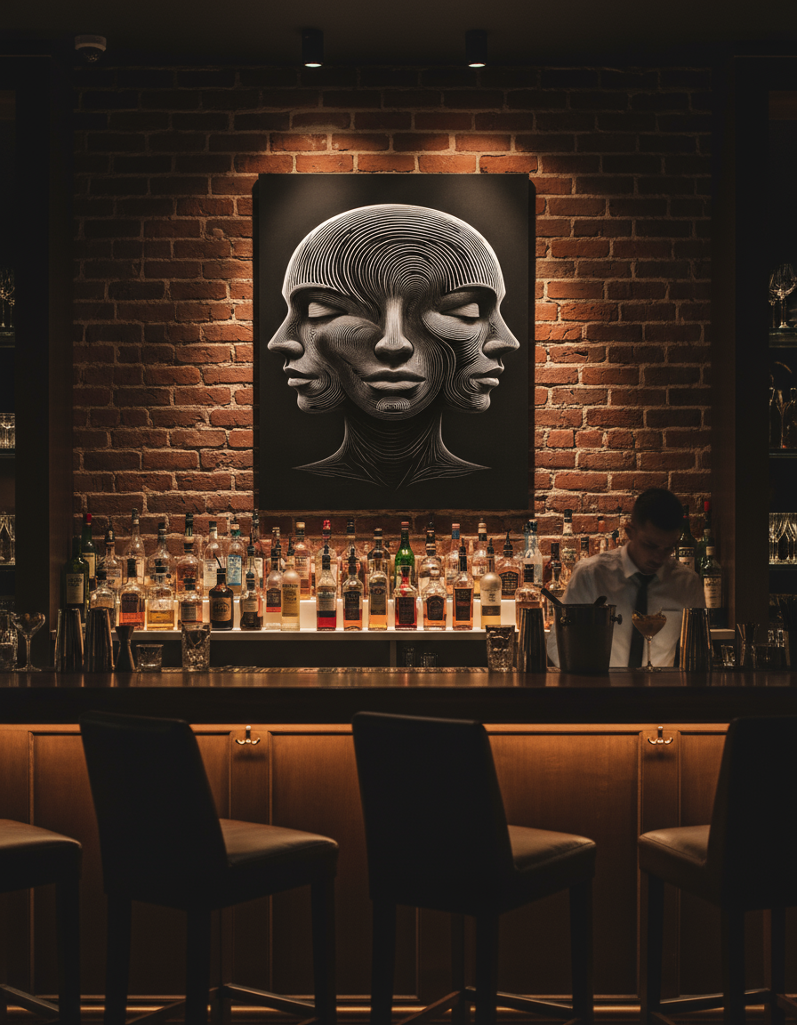 Optical illusion 3 faces artwork in upscale cocktail bar