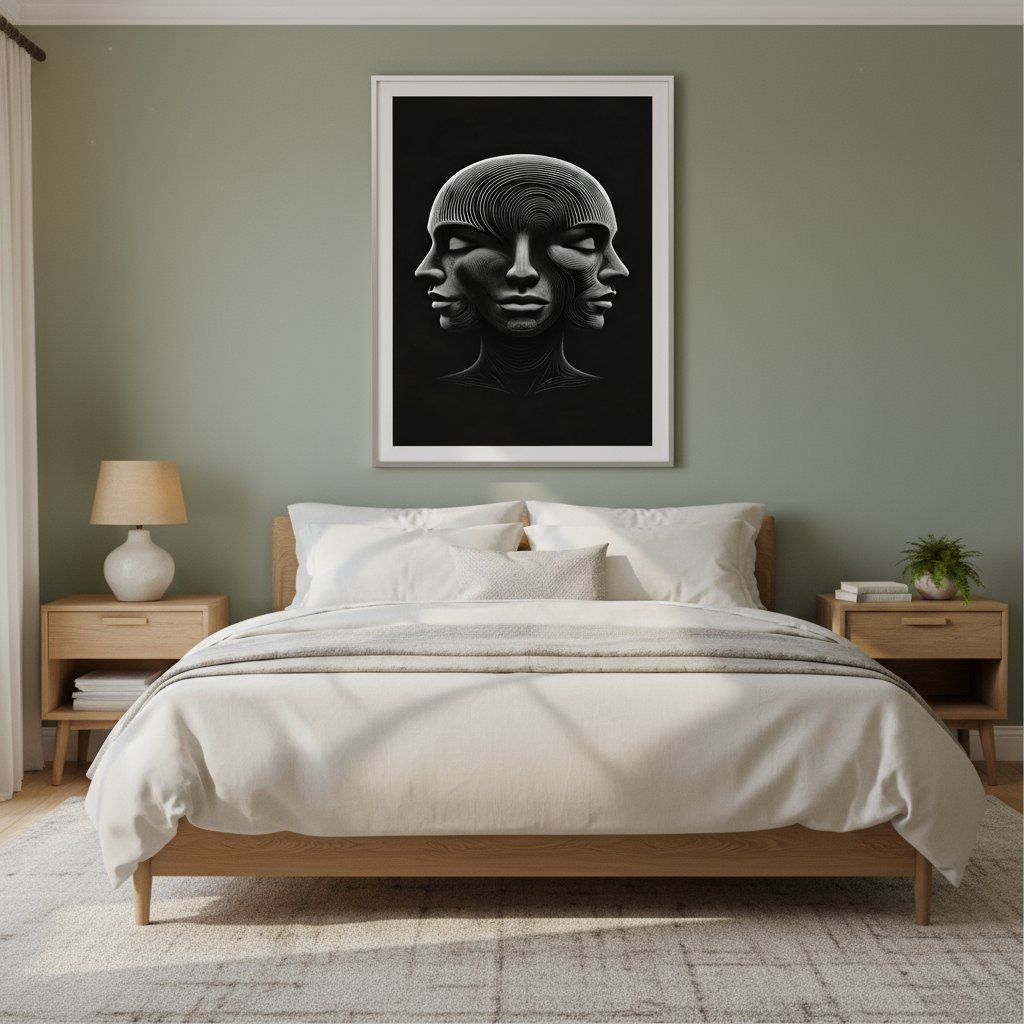 Optical illusion 3 faces fine art poster above bed