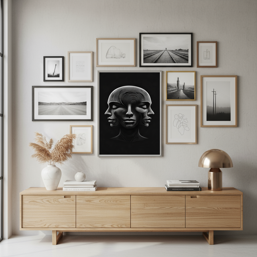 Optical illusion 3 faces fine art poster in gallery wall