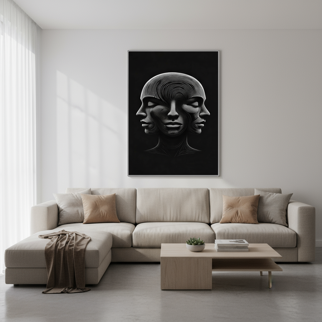 Optical illusion 3 faces fine art poster on living room wall