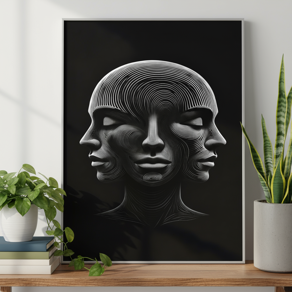 Optical illusion 3 faces fine art poster on shelf