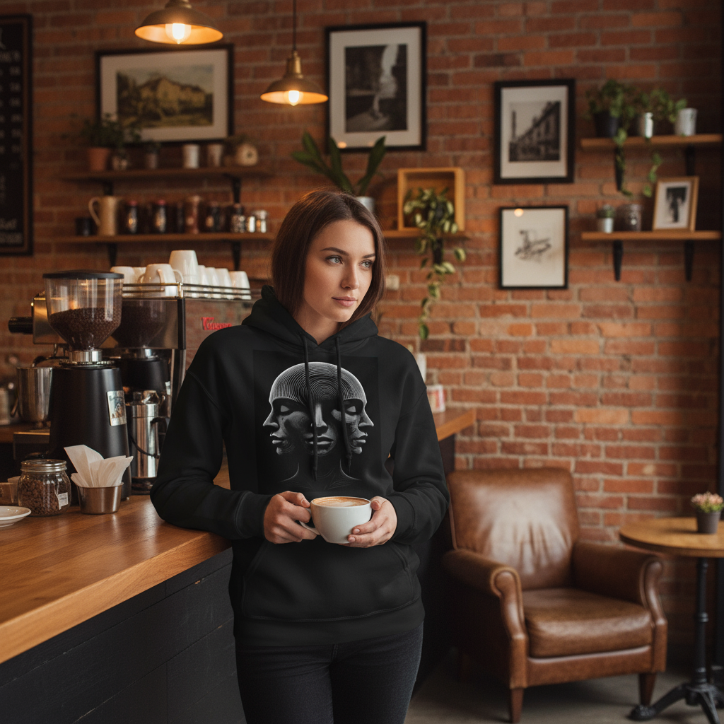 Optical Illusion 3 Faces Hoodie at coffee shop counter