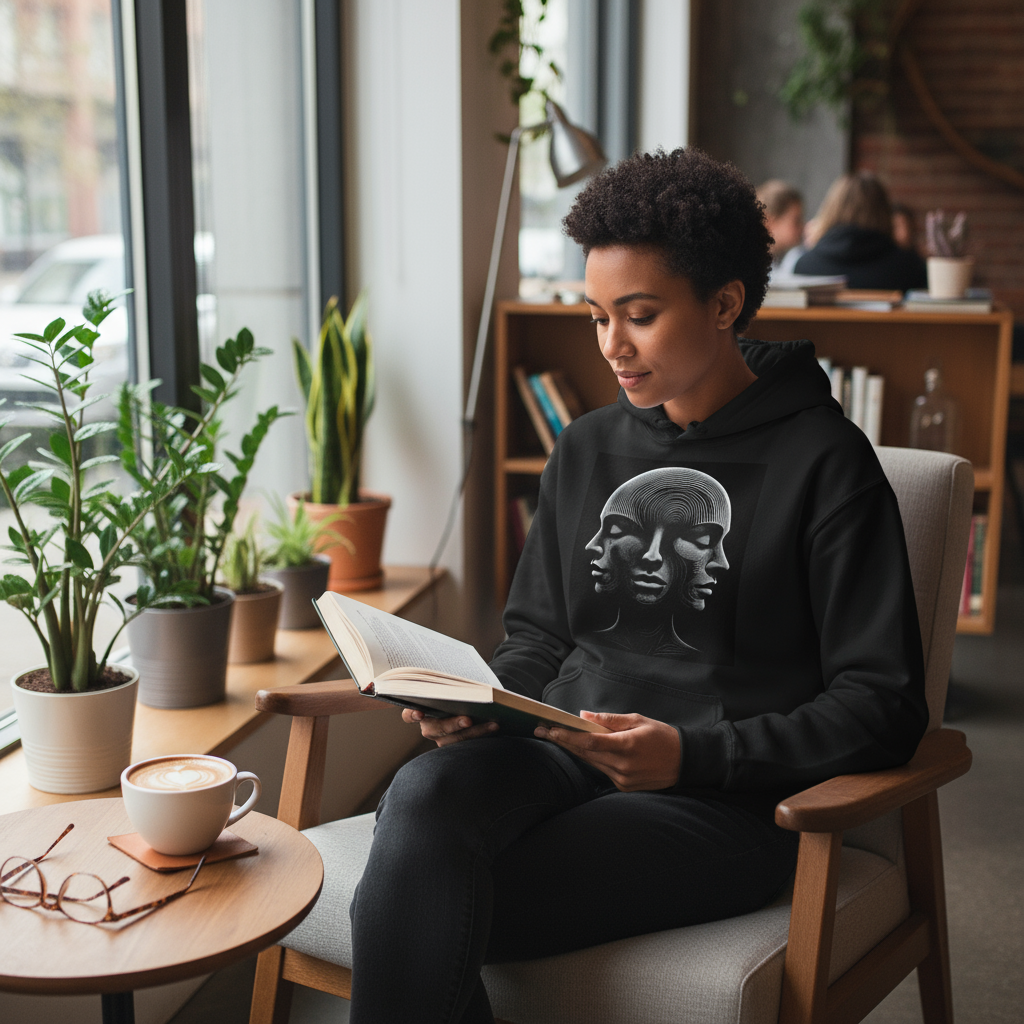 Optical Illusion 3 Faces Hoodie by cafe window