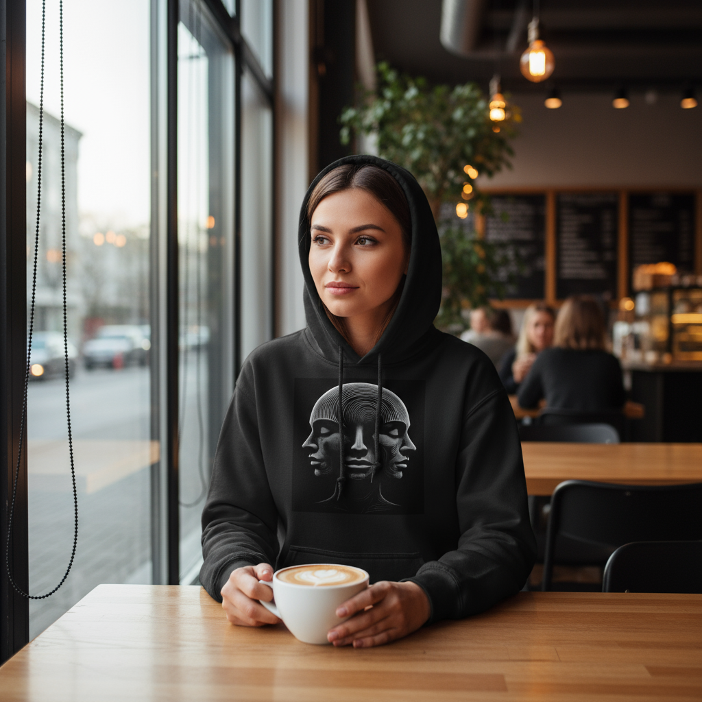 Optical Illusion 3 Faces Hoodie in cozy cafe with latte