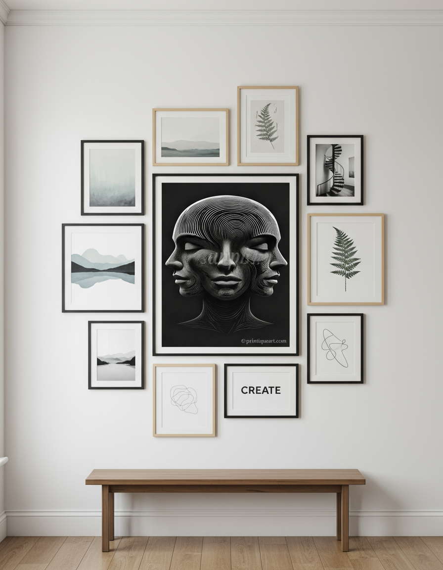 Optical illusion 3 faces poster as part of gallery wall arrangement