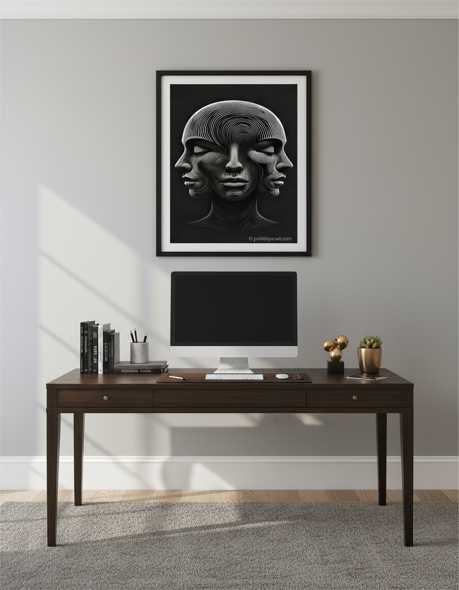 Optical illusion 3 faces poster framed in home office above desk