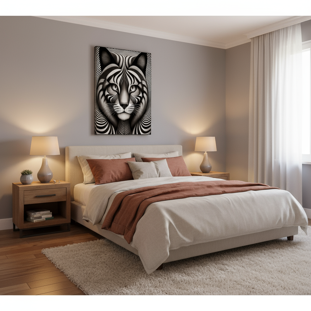 Optical illusion cat canvas art above bed in cozy bedroom