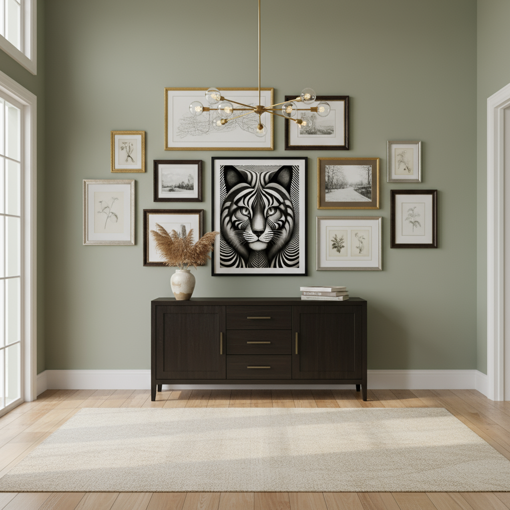 Optical illusion cat canvas art as centerpiece of gallery wall in dining room