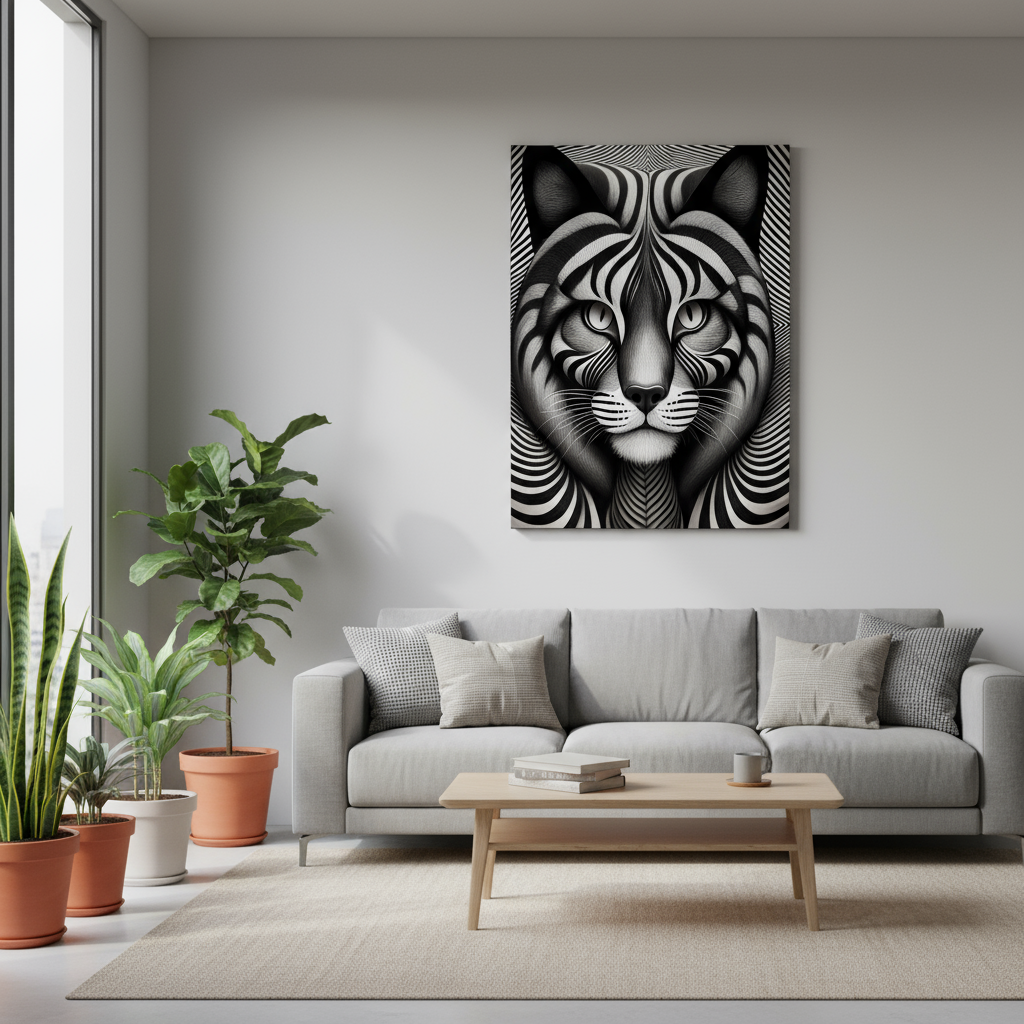 Optical illusion cat canvas art displayed in modern living room above grey sofa