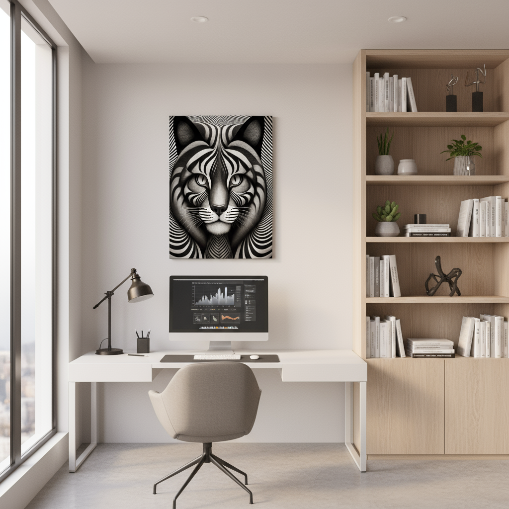 Optical illusion cat canvas art in contemporary home office workspace