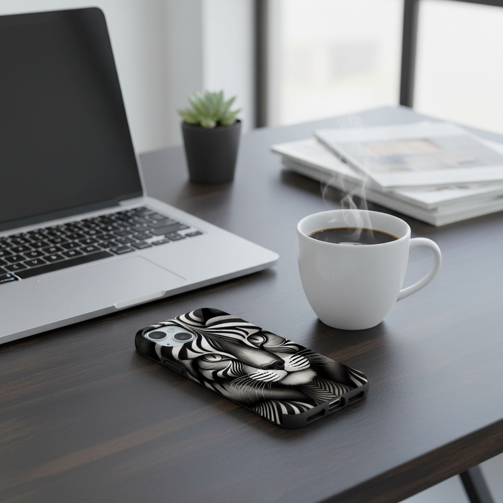 Optical illusion cat phone case on desk with coffee and laptop