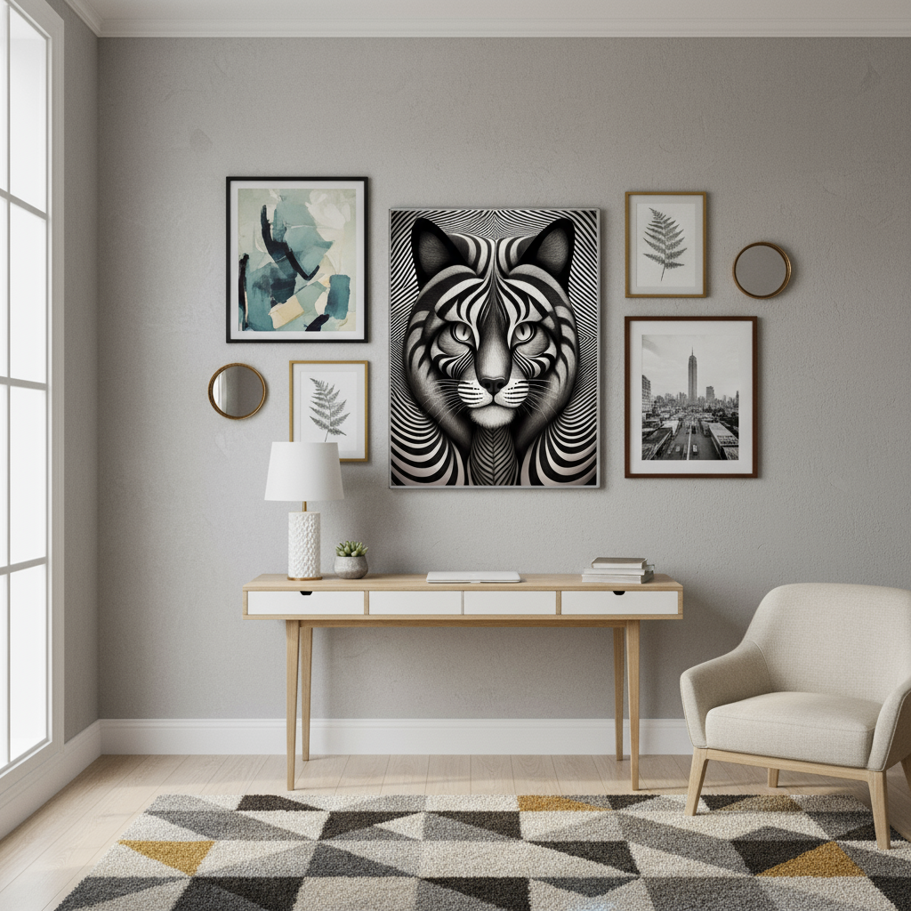 Optical illusion cat poster as part of gallery wall arrangement