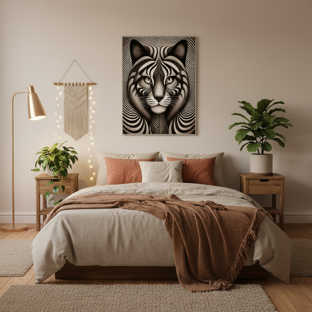 Optical illusion cat poster framed above bed in cosy bedroom