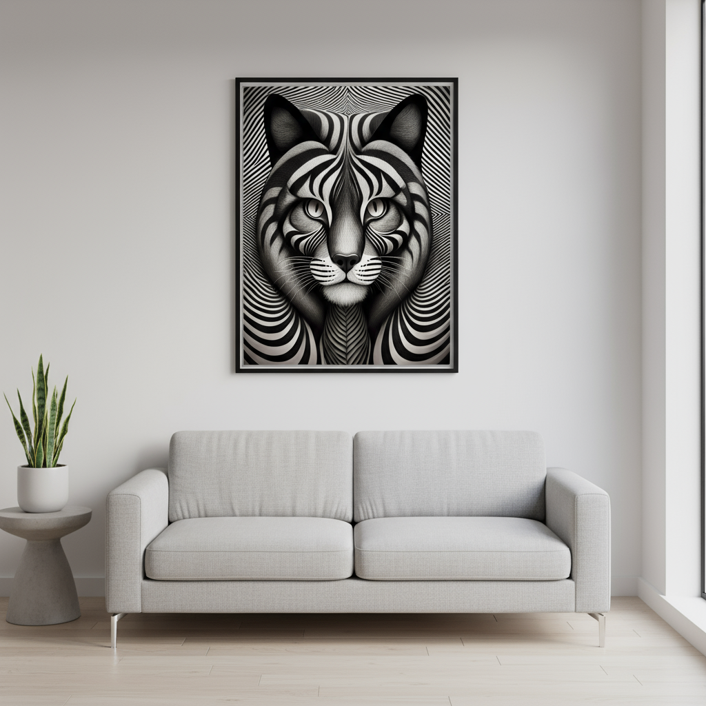 Optical illusion cat poster framed on living room wall above sofa