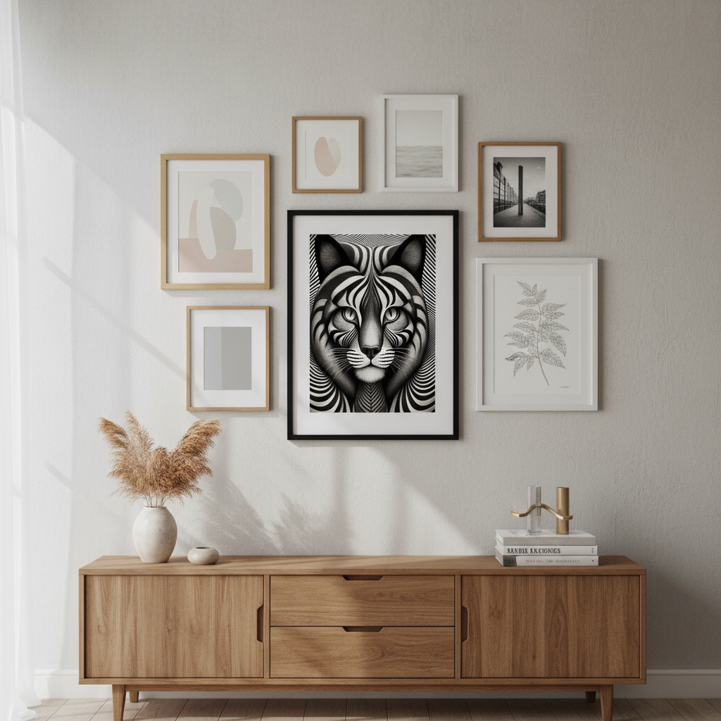 Optical illusion cat print as part of gallery wall arrangement