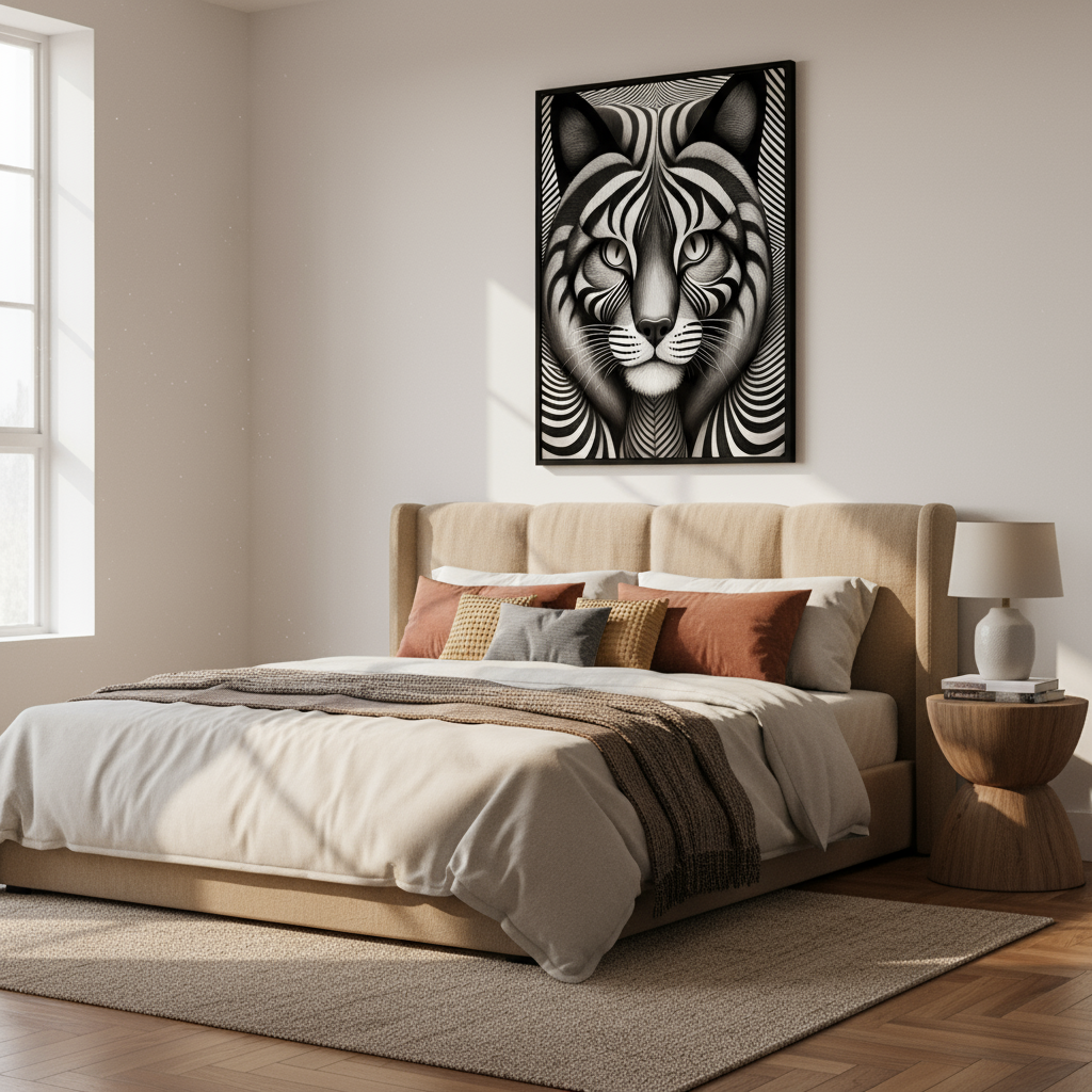 Optical illusion cat print framed above bed in bedroom