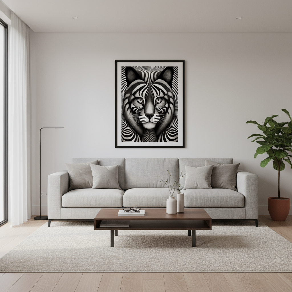 Optical illusion cat print framed on living room wall above sofa