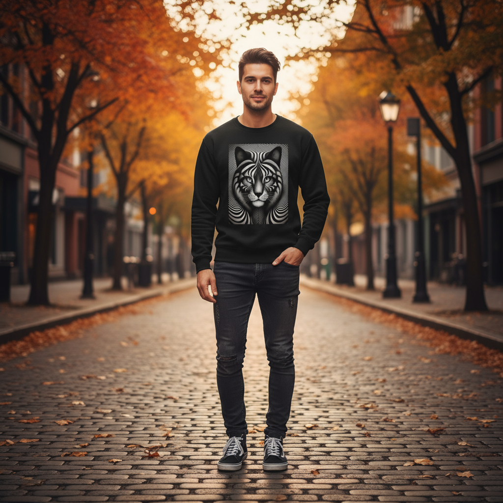 Optical illusion cat sweatshirt worn outdoors in autumn