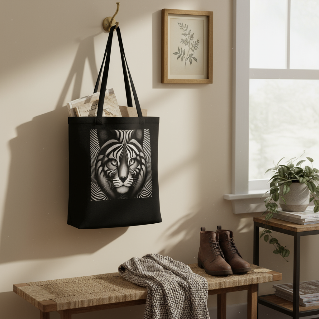Optical illusion cat tote bag hanging on hook with books