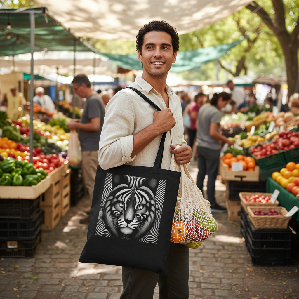 Person carrying optical illusion cat tote bag at farmers market