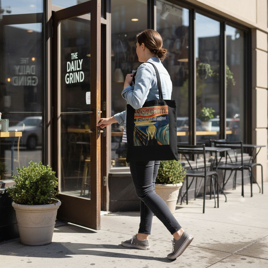 Person carrying scream if you're out of coffee tote bag walking into coffee shop