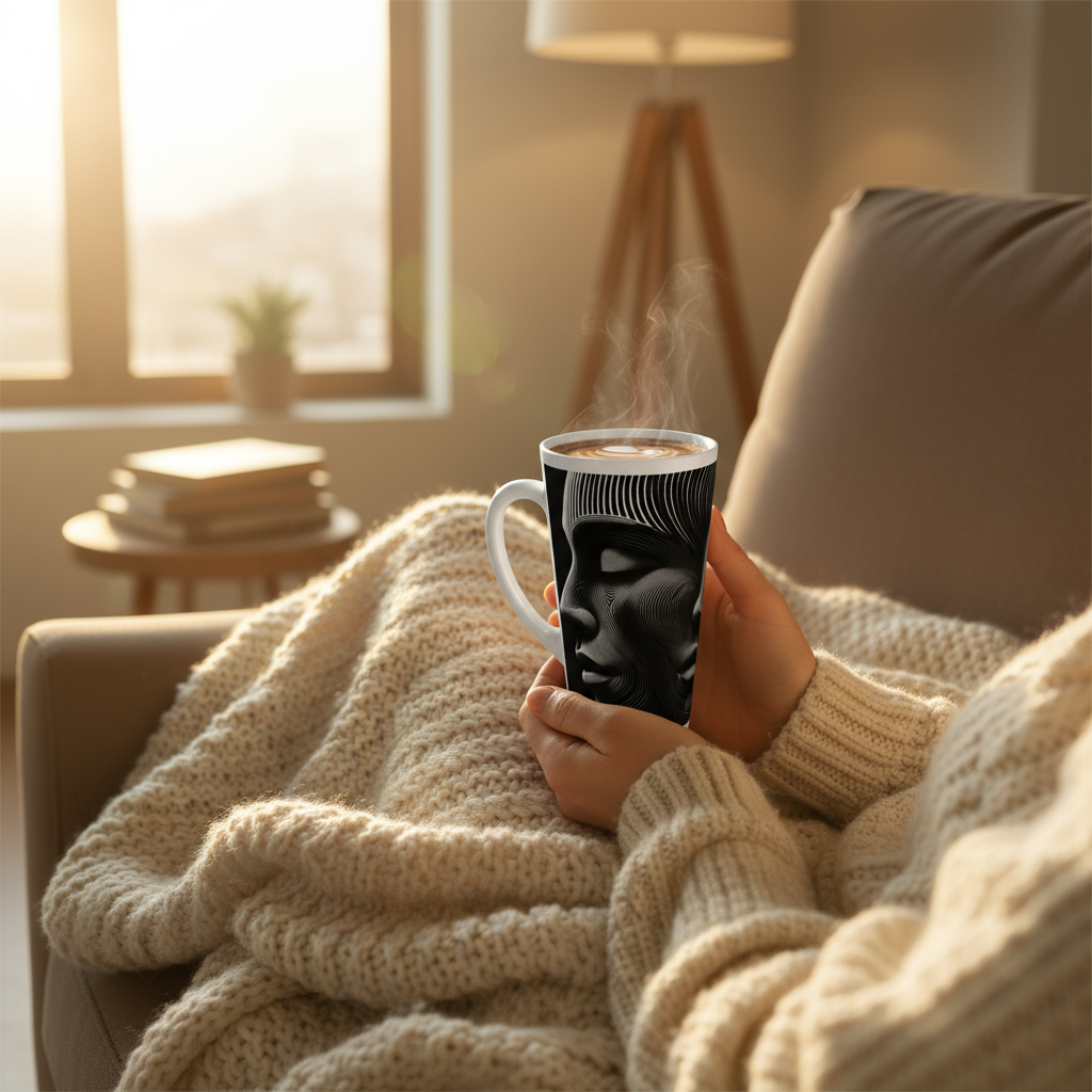 Person Holding 3 Faces Latte Mug