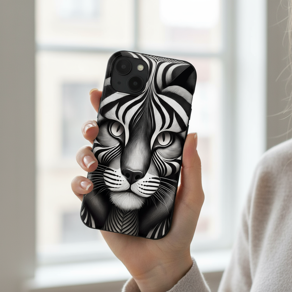 Person holding iPhone with optical illusion cat phone case