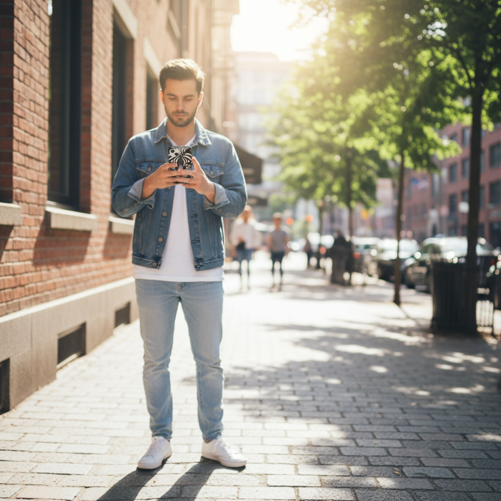 Person using iPhone with optical illusion cat phone case outdoors