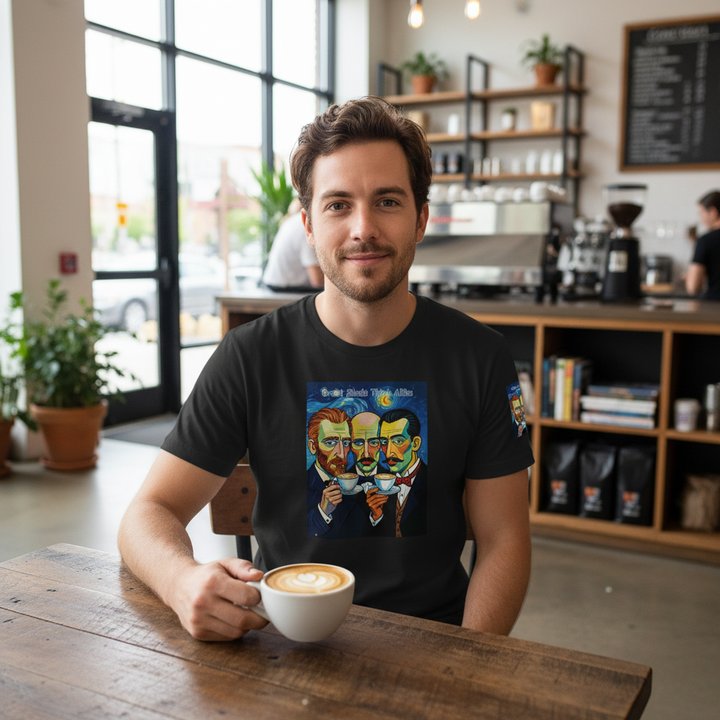 Person wearing black Great Minds t-shirt in coffee shop