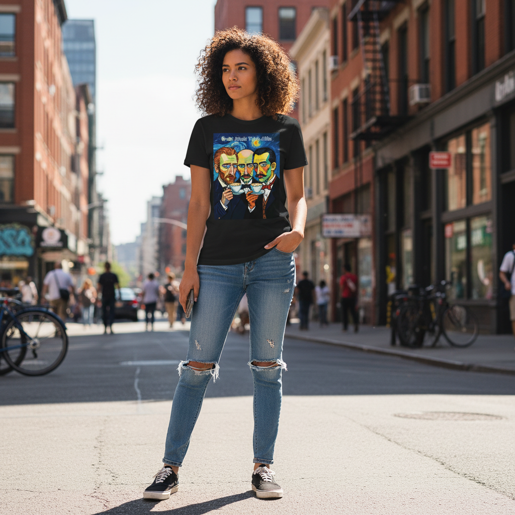 Person wearing black Great Minds t-shirt on city street