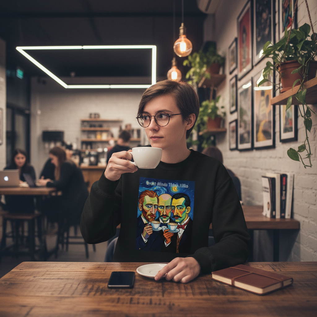 Person wearing black Great Minds Think Alike sweatshirt in coffee shop