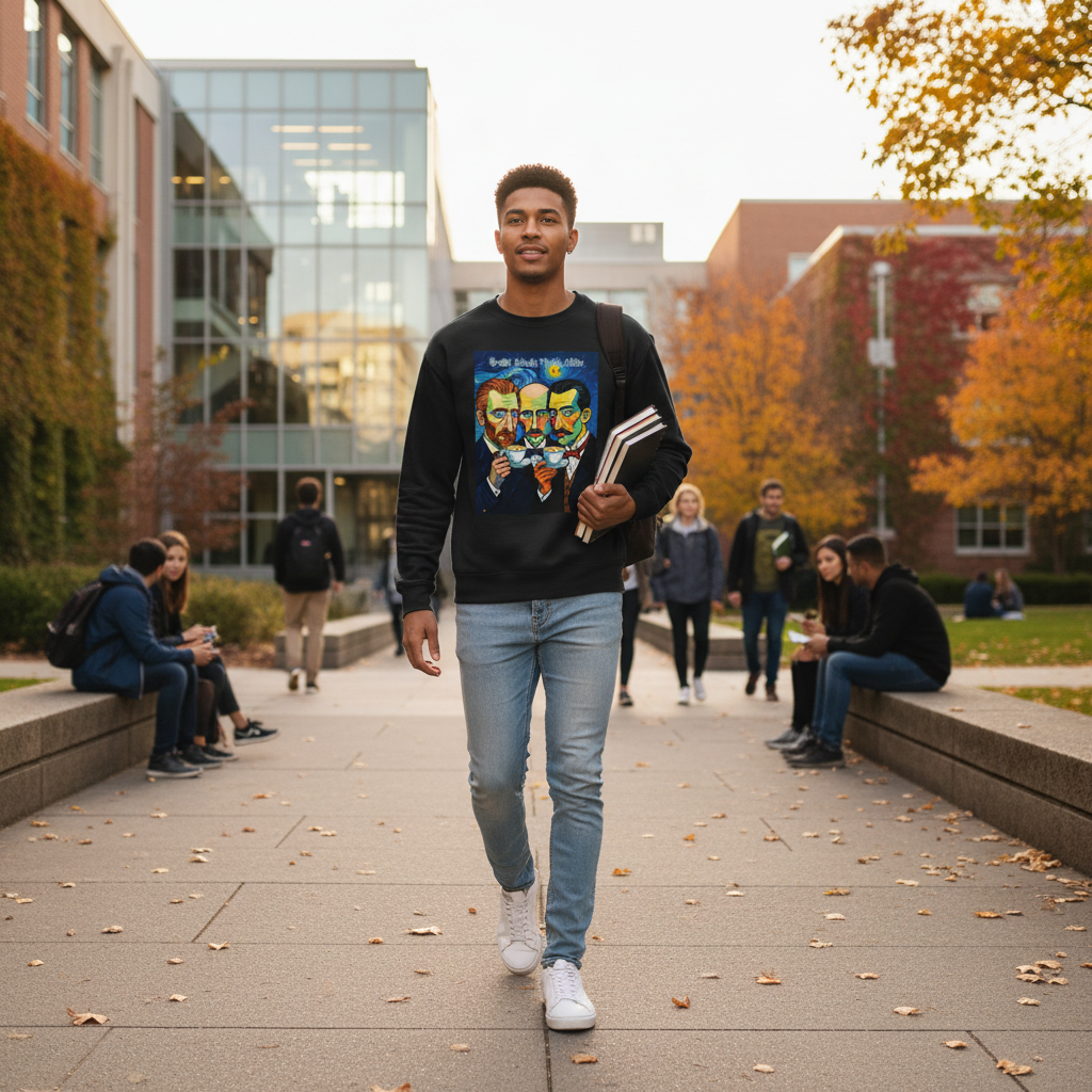 Person wearing black Great Minds Think Alike sweatshirt on campus