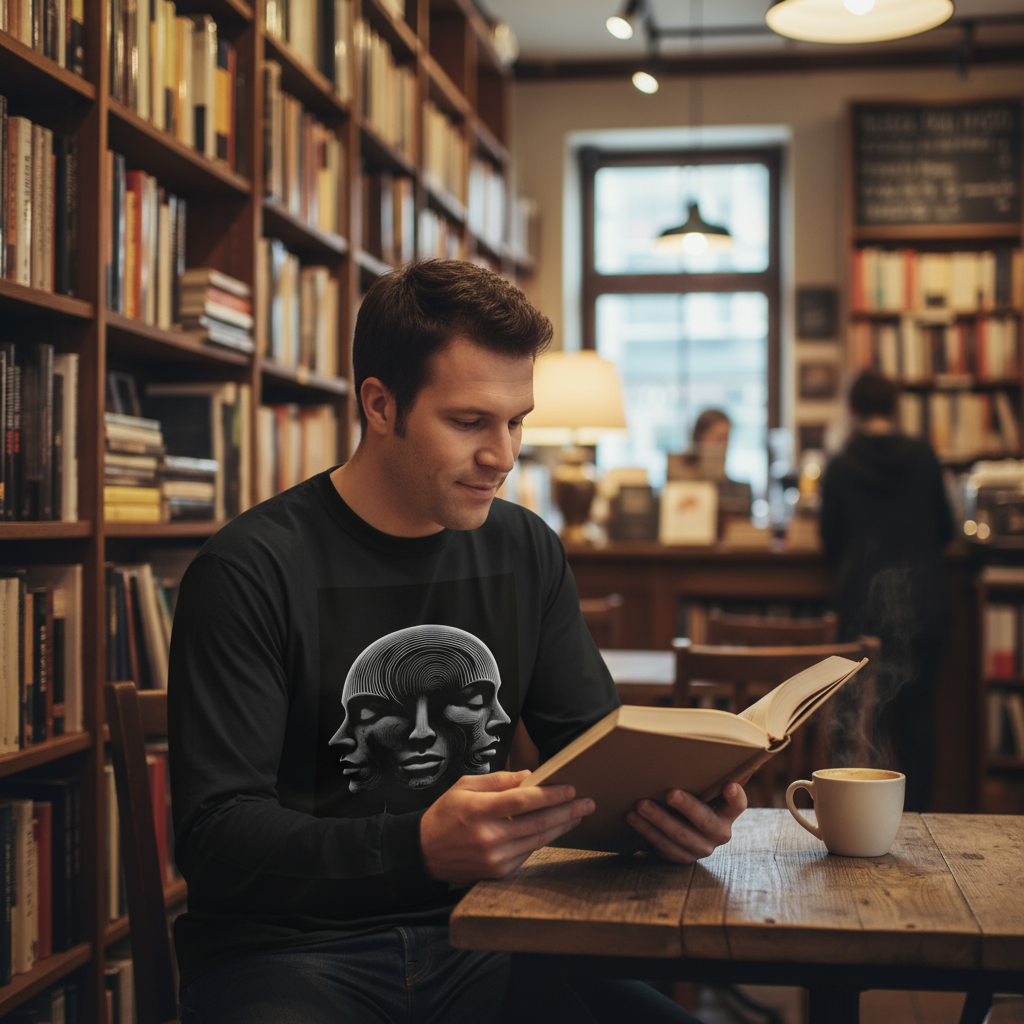 Person wearing Optical Illusion 3 Faces long-sleeve in cozy bookstore cafe
