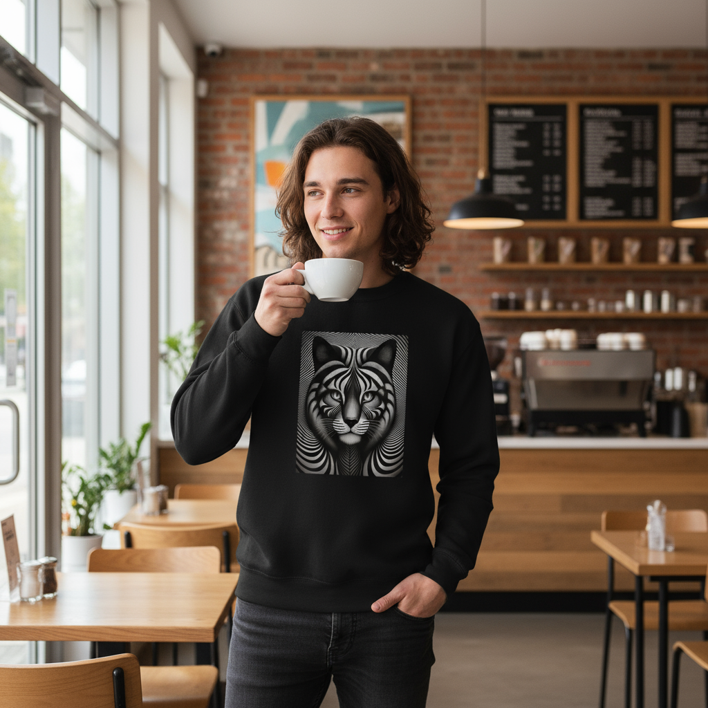 Person wearing optical illusion cat sweatshirt in coffee shop