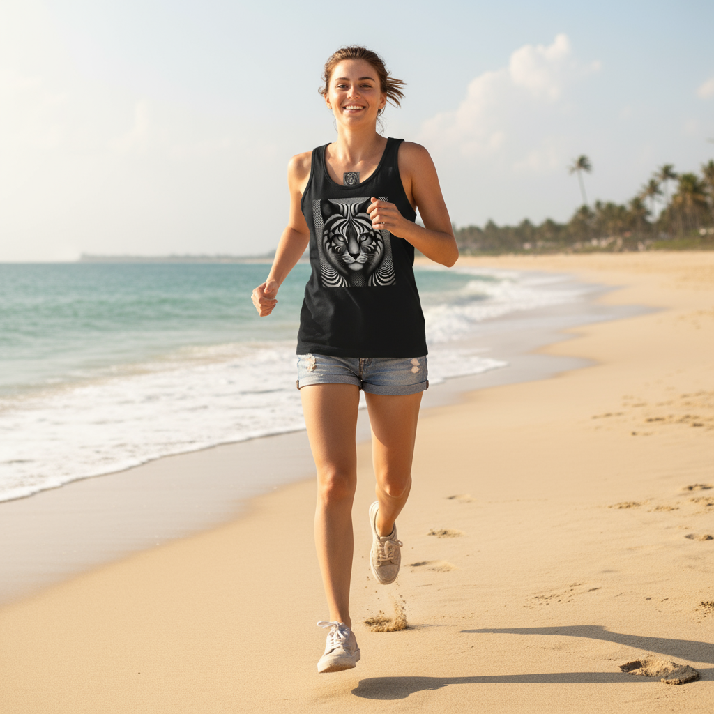 Person wearing optical illusion cat tank top at beach or park