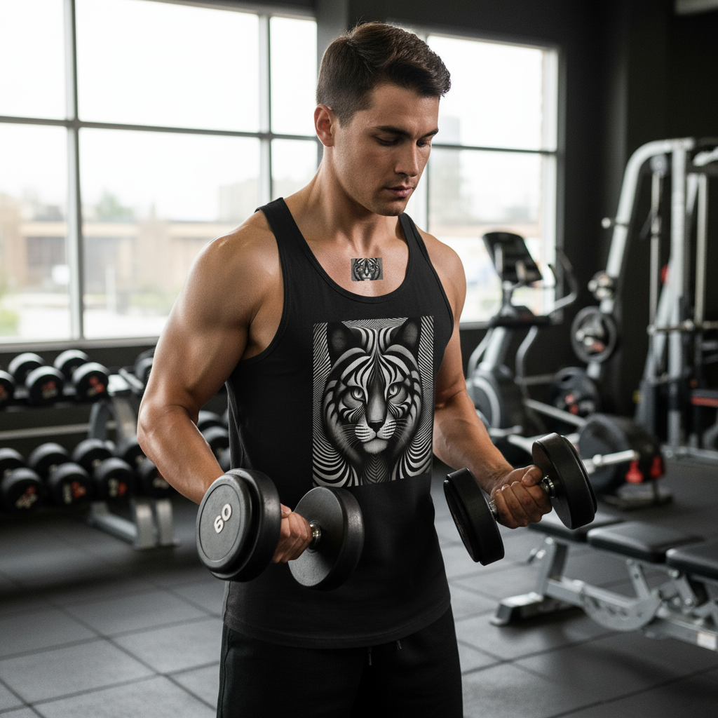 Person wearing optical illusion cat tank top at gym