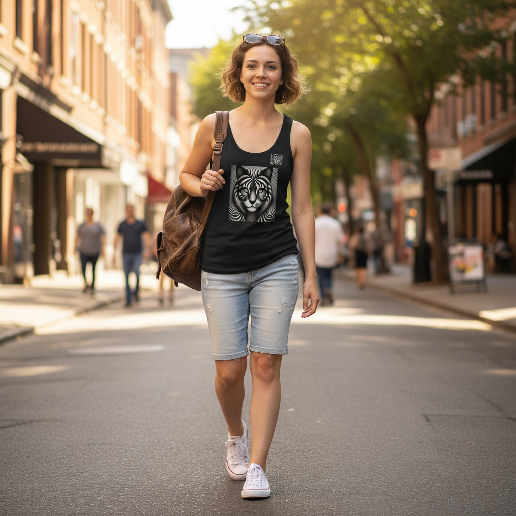 Person wearing optical illusion cat tank top outdoors in summer