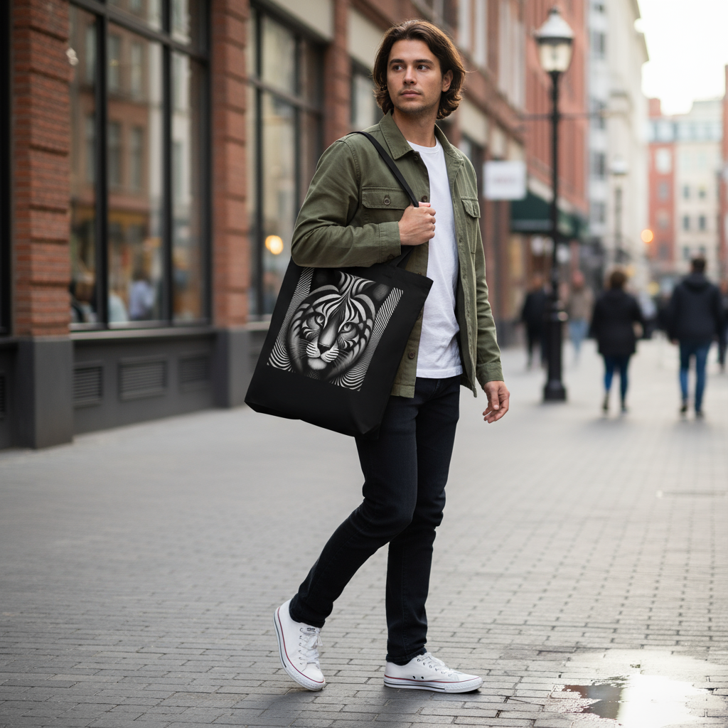 Person wearing optical illusion cat tote bag on city street
