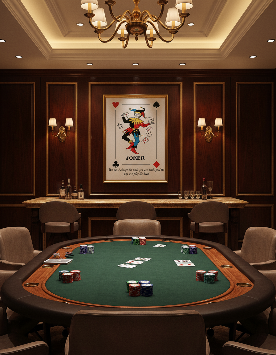Joker motivational quote print in sophisticated poker room with card table"