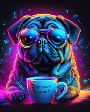 "Espresso Yourself neon pug with sunglasses holding coffee mug - vibrant 80s retro synthase art print in electric blue pink purple - funny coffee wall art digital download"