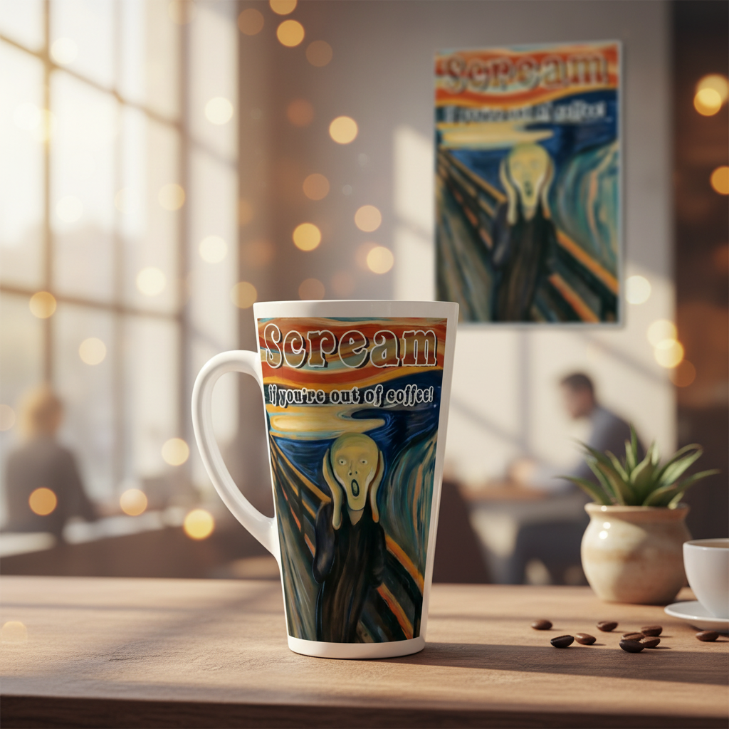 Scream If You're Out of Coffee 17oz latte mug in cozy cafe with poster on wall