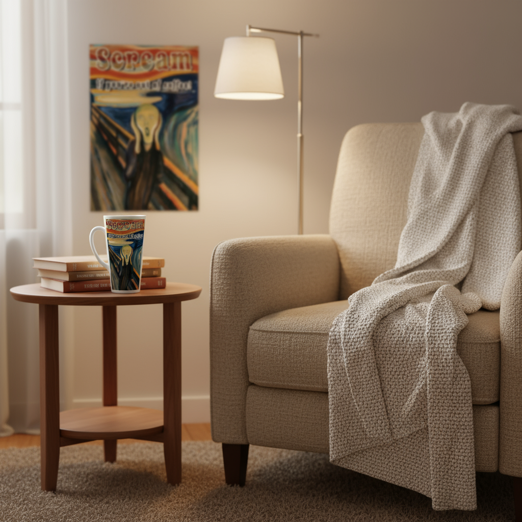 Scream If You're Out of Coffee 17oz latte mug in cozy reading nook with armchair and poster